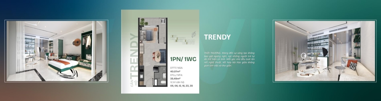 Layout mặt bằng thiết kế chi tiết căn hộ 1 phòng ngủ